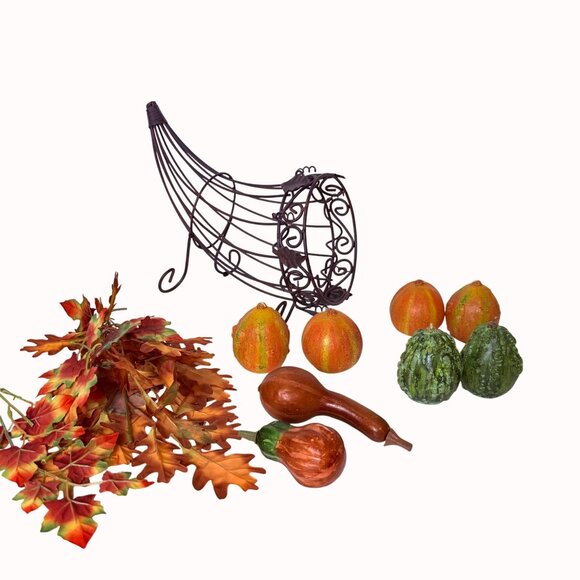 Harvest Cornucopia Candle Centerpiece Rustic Wire Basket Fall Thanksgiving Decor - Picture 9 of 16